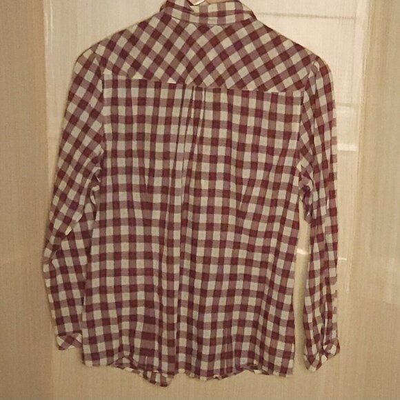 Eddie Bauer Womens Red Cream Plaid Ruffle Detail Button Front Shirt XL - Picture 2 of 6